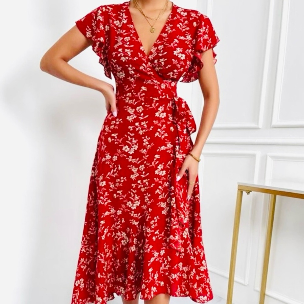 Floral Red Wrap Dress L